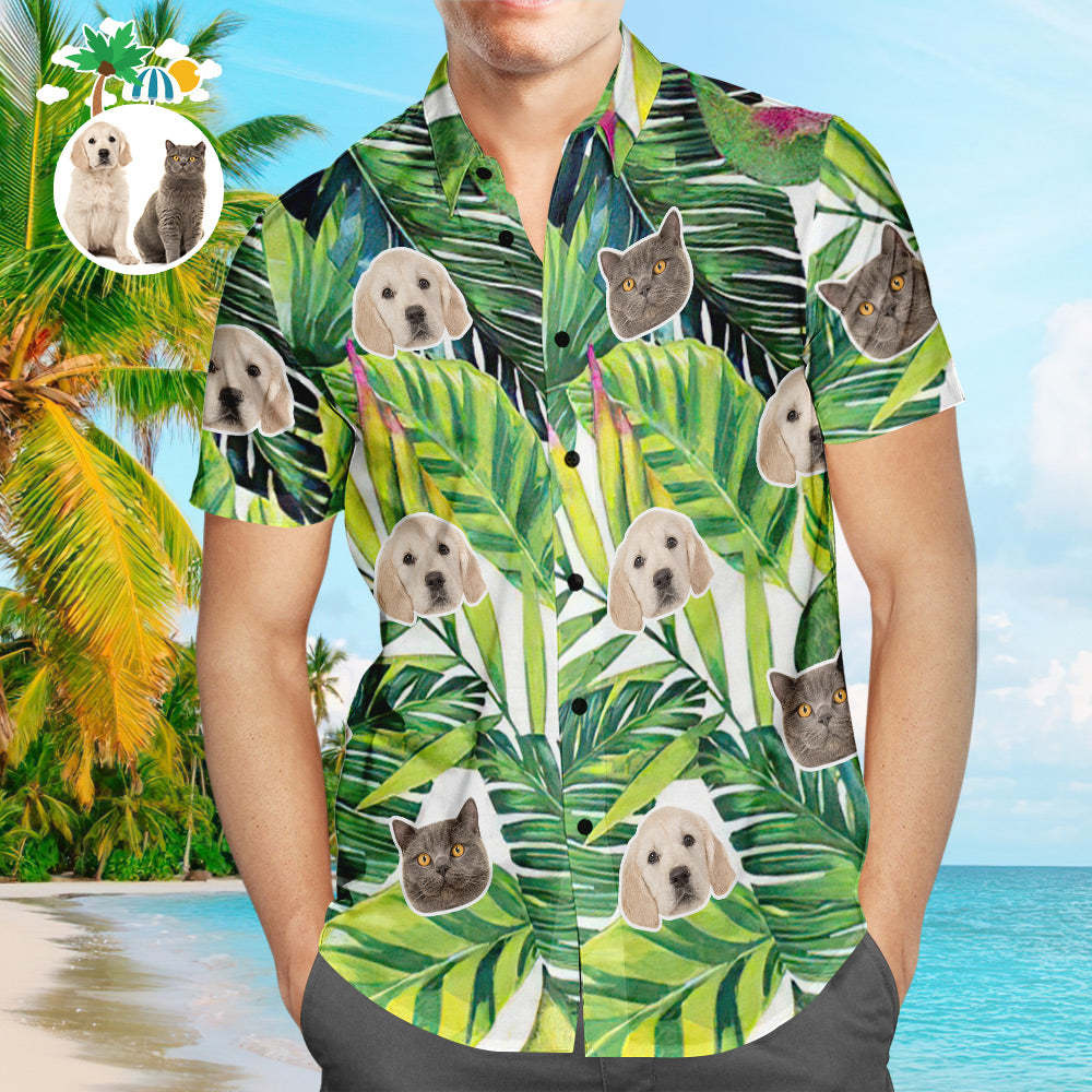Camisa Hawaiana Con Cara De Perro Personalizada, Hojas Verdes, Regalo Personalizado De Camisa De Playa Aloha Para Amantes De Las Mascotas