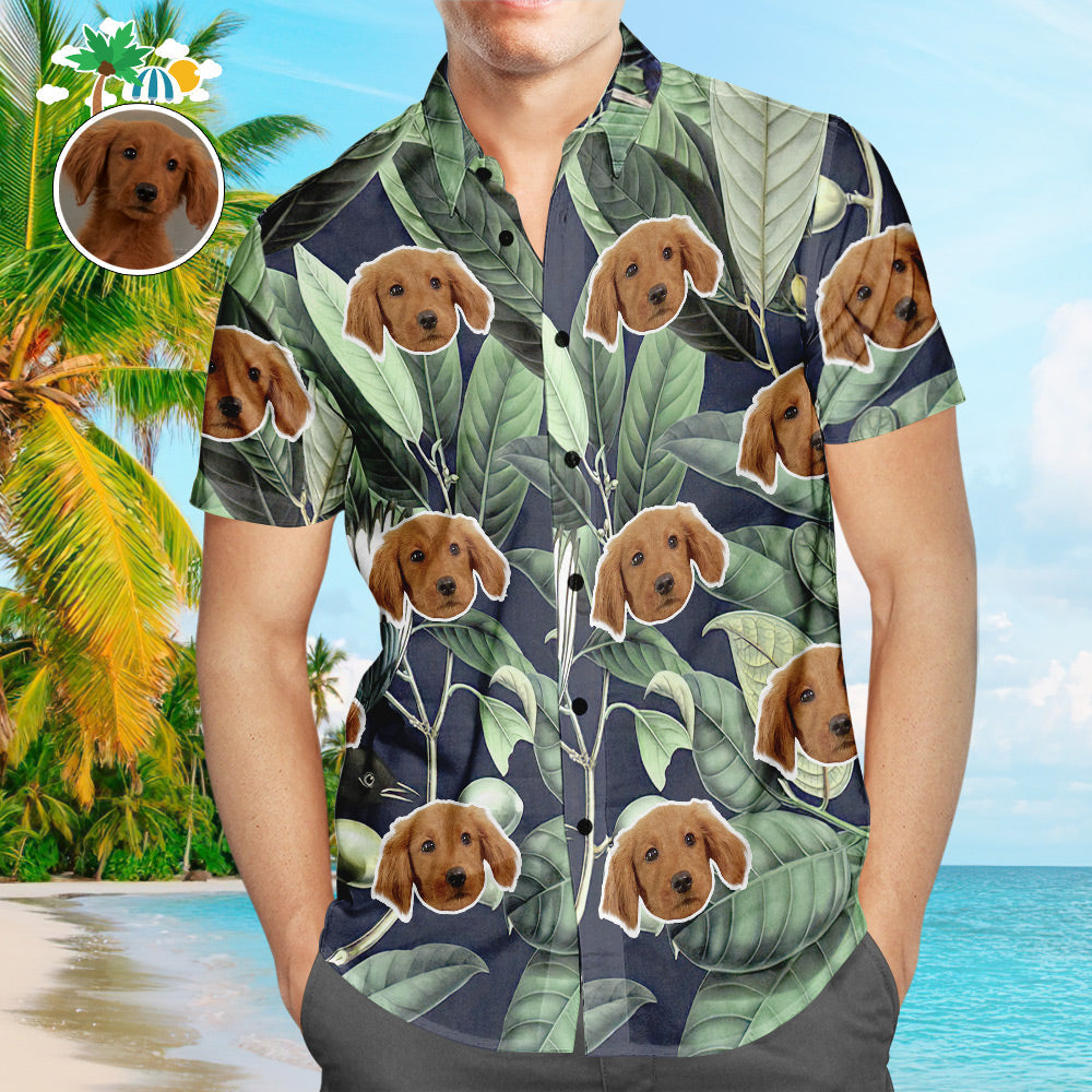 Camisa Hawaiana Con Cara Personalizada, Hojas Verdes Tropicales, Camisa De Playa Hawaiana Con Estampado Popular Para Hombre, Regalo De Vacaciones