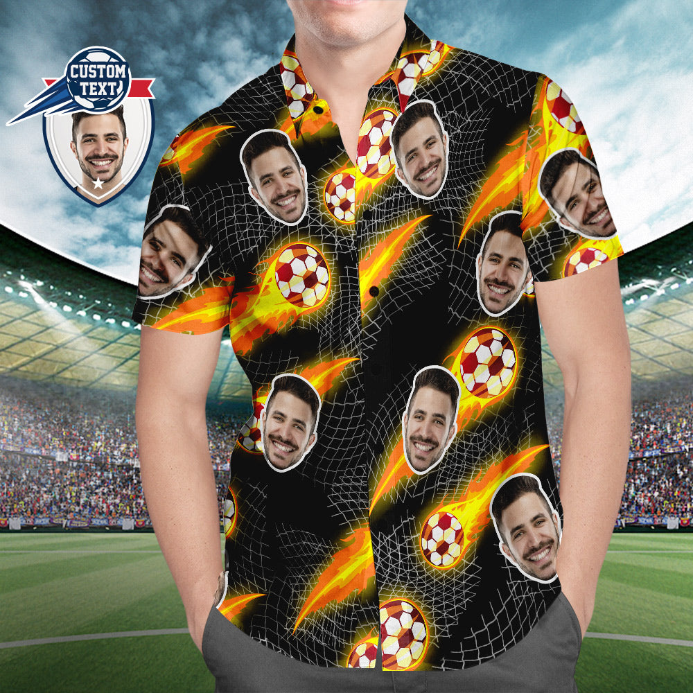 Camisa Hawaiana Con Estampado De Fútbol De Cara Personalizada, Camisa De Playa Negra Para Amantes Del Fútbol