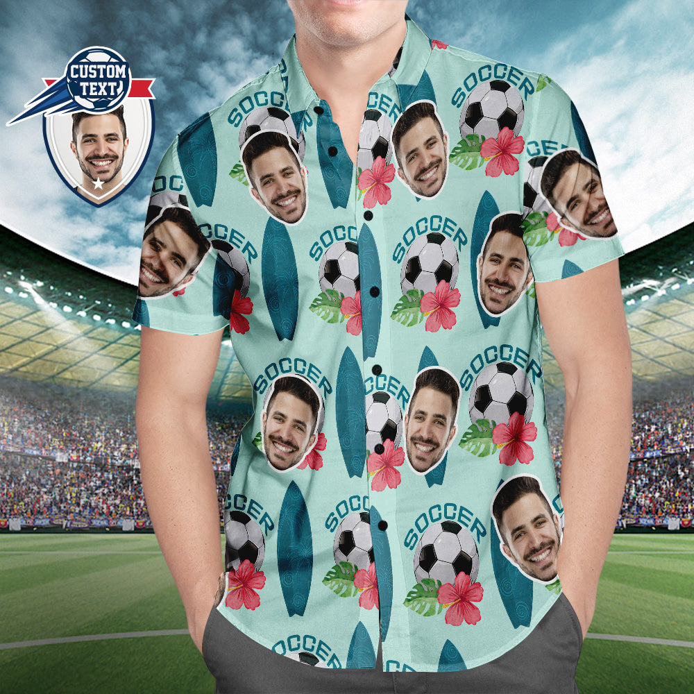 Camisa Hawaiana Con Patrón De Fútbol Con Cara Personalizada, Camisa De Playa De Hibisco De Verano Para Surfear, Estilo Hawaiano Para Amantes Del Fútbol