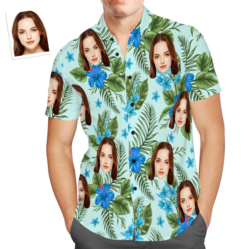 Camisa Hawaiana Con Cara Personalizada, Camisa Popular Con Estampado Integral Para Hombre, Planta Refrescante, Regalo De Vacaciones Con Flores Azules