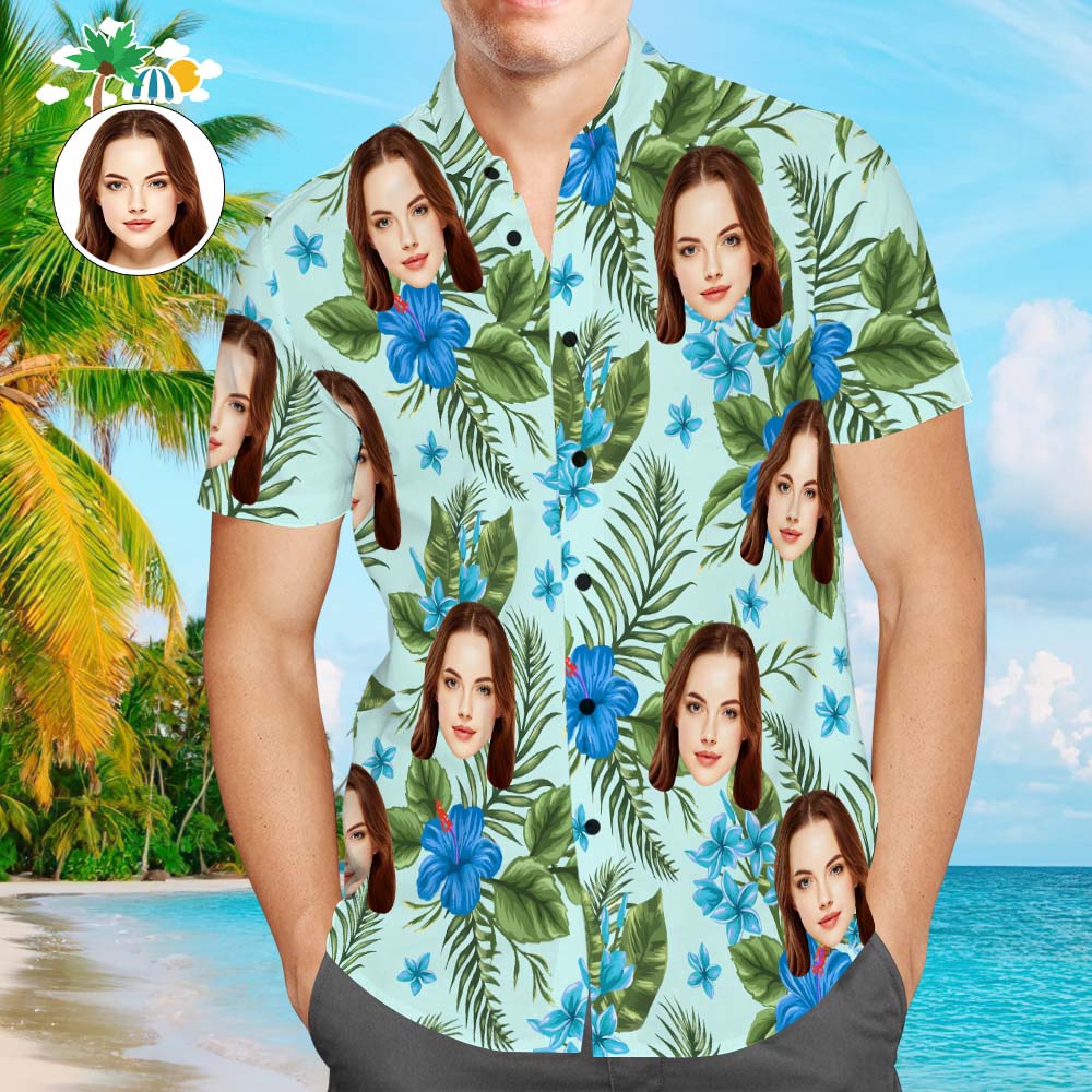 Camisa Hawaiana Con Cara Personalizada, Camisa Popular Con Estampado Integral Para Hombre, Planta Refrescante, Regalo De Vacaciones Con Flores Azules