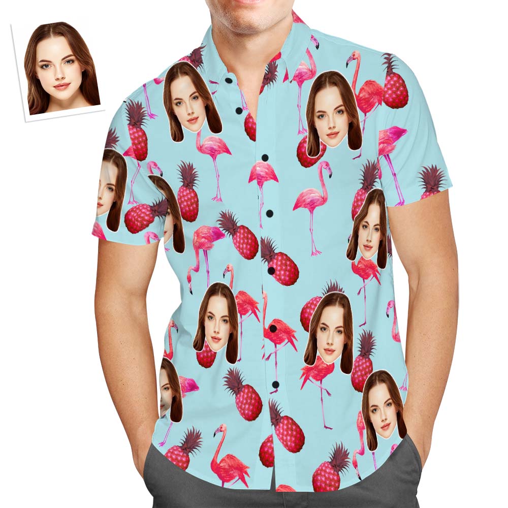 Camisa Hawaiana Con Cara Personalizada Para Hombre, Camisa Con Estampado Popular, Regalo Navideño De Piña Y Flamenco