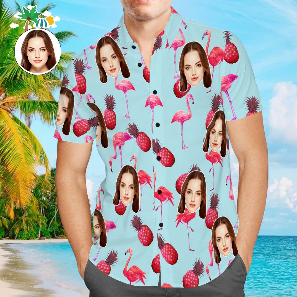 Camisa Hawaiana Con Cara Personalizada Para Hombre, Camisa Con Estampado Popular, Regalo Navideño De Piña Y Flamenco