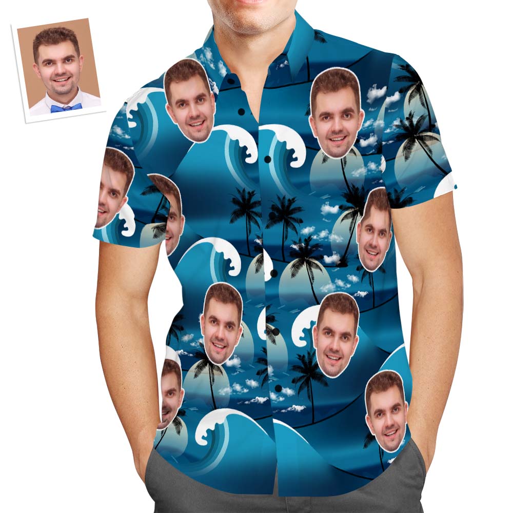 Camisa Hawaiana Con Cara Personalizada Para Hombre, Camisa Con Estampado Popular, Ondas, Árbol De Coco, Regalo Navideño