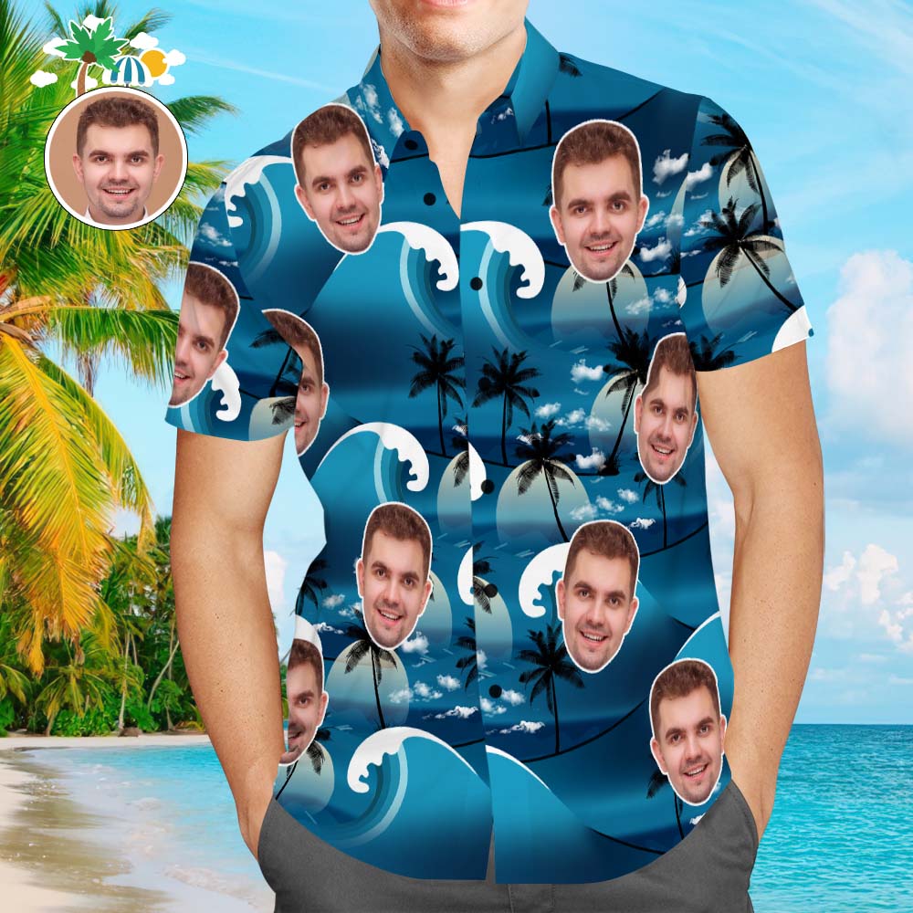 Camisa Hawaiana Con Cara Personalizada Para Hombre, Camisa Con Estampado Popular, Ondas, Árbol De Coco, Regalo Navideño