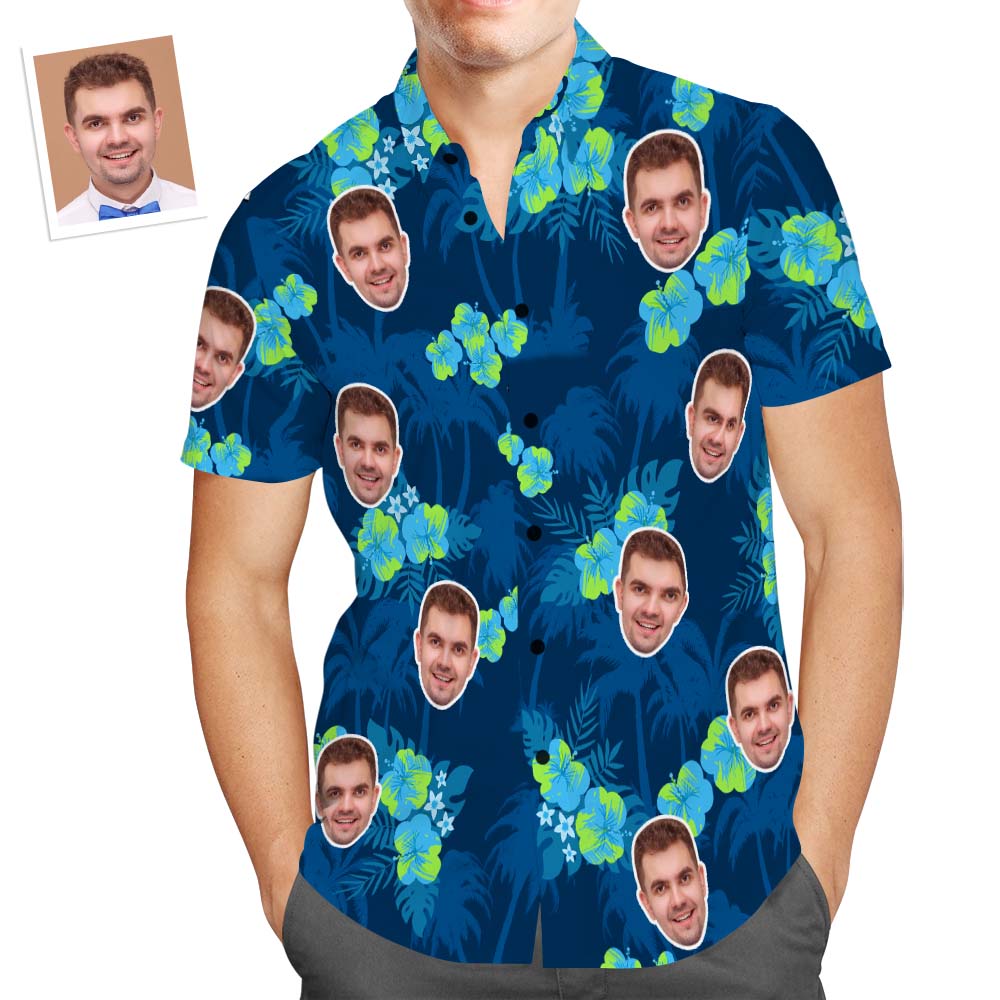 Camisa Hawaiana Con Cara Personalizada Para Hombre, Camisa Azul Oscuro Con Estampado Popular, Regalo Navideño Con Flor De Árbol