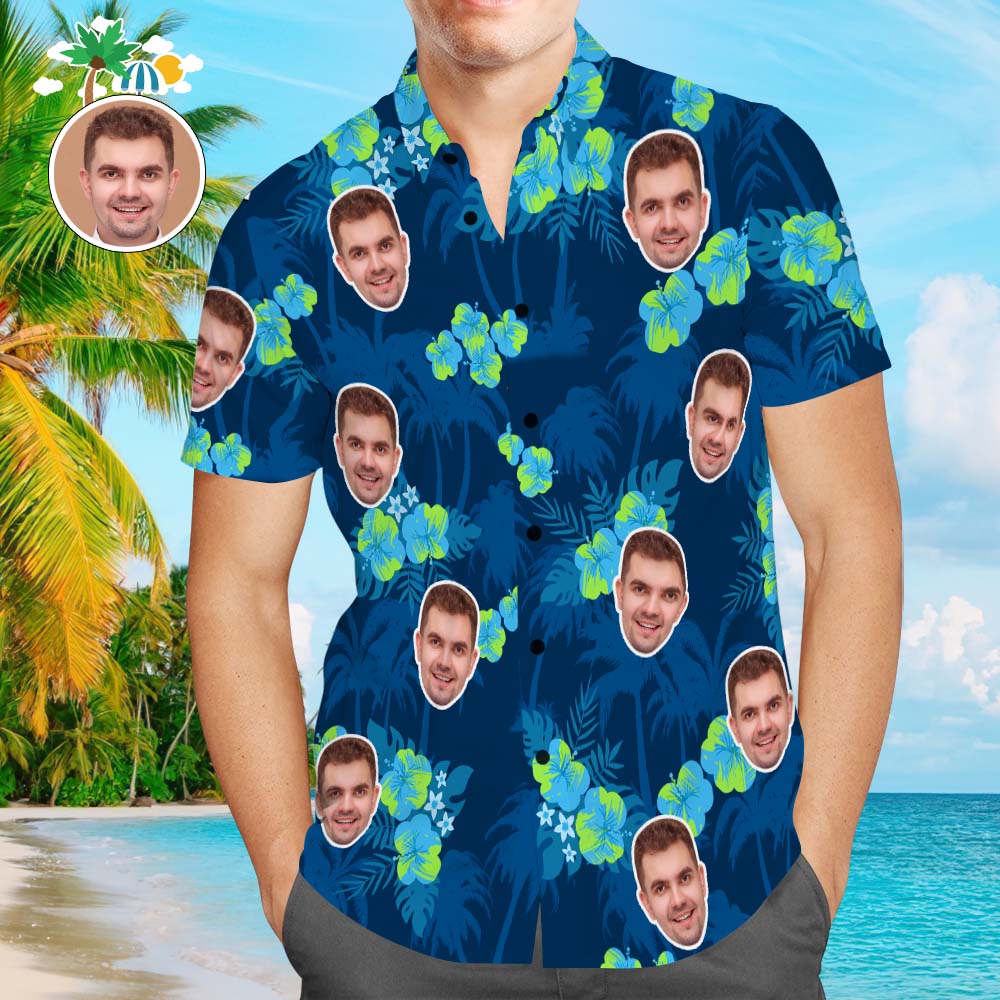 Camisa Hawaiana Con Cara Personalizada Para Hombre, Camisa Azul Oscuro Con Estampado Popular, Regalo Navideño Con Flor De Árbol