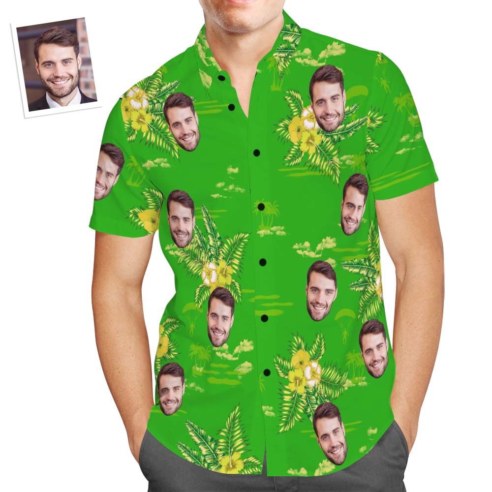 Camisa Hawaiana Con Cara Personalizada Para Hombre, Camisa Verde Con Estampado Popular, Regalo Navideño De Flores Amarillas