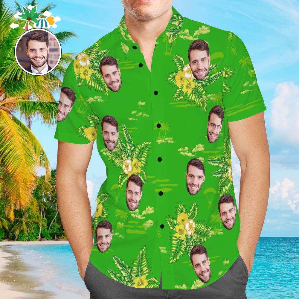 Camisa Hawaiana Con Cara Personalizada Para Hombre, Camisa Verde Con Estampado Popular, Regalo Navideño De Flores Amarillas