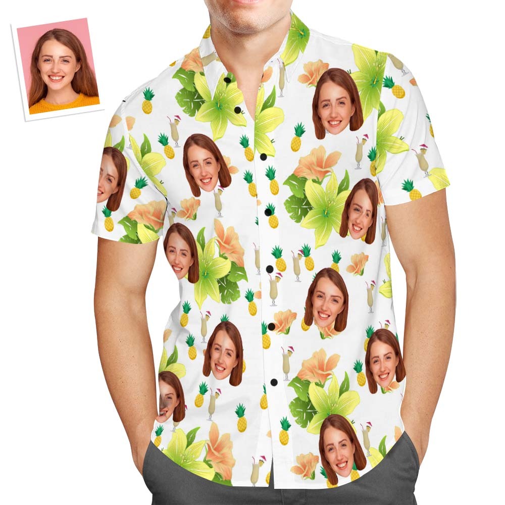 Camisa Hawaiana Con Cara Personalizada Para Hombre, Camisa Con Estampado Popular, Regalo De Vacaciones Con Flores De Bebida De Piña