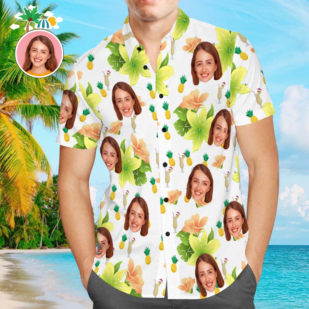 Camisa Hawaiana Con Cara Personalizada Para Hombre, Camisa Con Estampado Popular, Regalo De Vacaciones Con Flores De Bebida De Piña