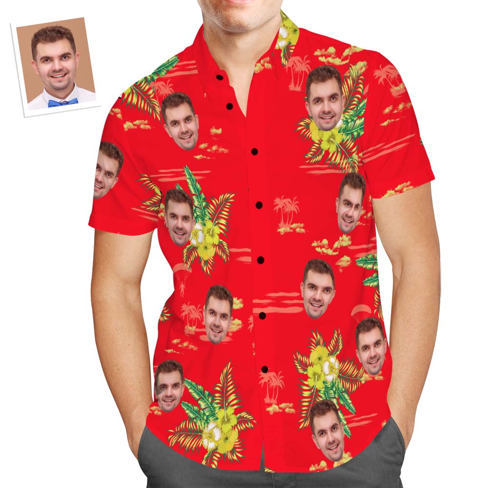 Camisa Hawaiana Con Cara Personalizada Para Hombre, Camisa Roja Con Estampado Popular, Regalo Navideño De Flores Amarillas