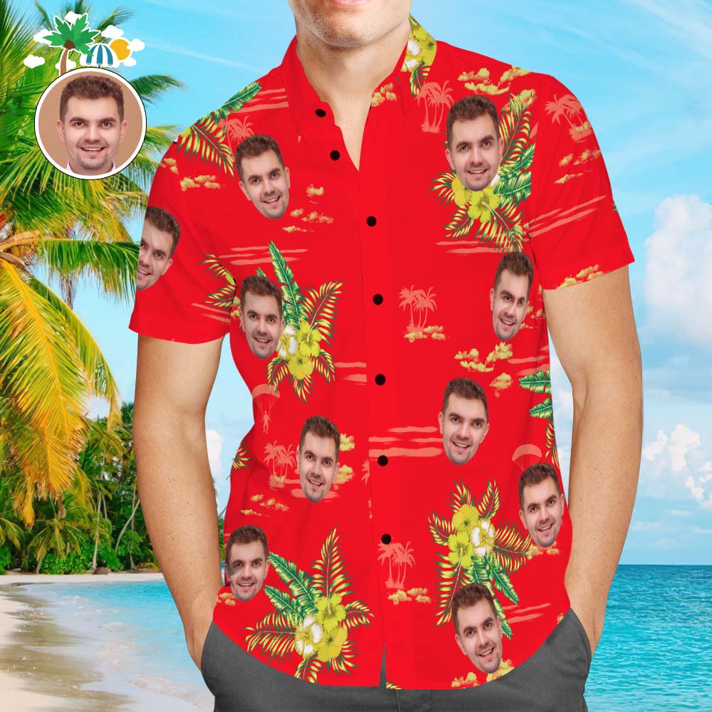 Camisa Hawaiana Con Cara Personalizada Para Hombre, Camisa Roja Con Estampado Popular, Regalo Navideño De Flores Amarillas