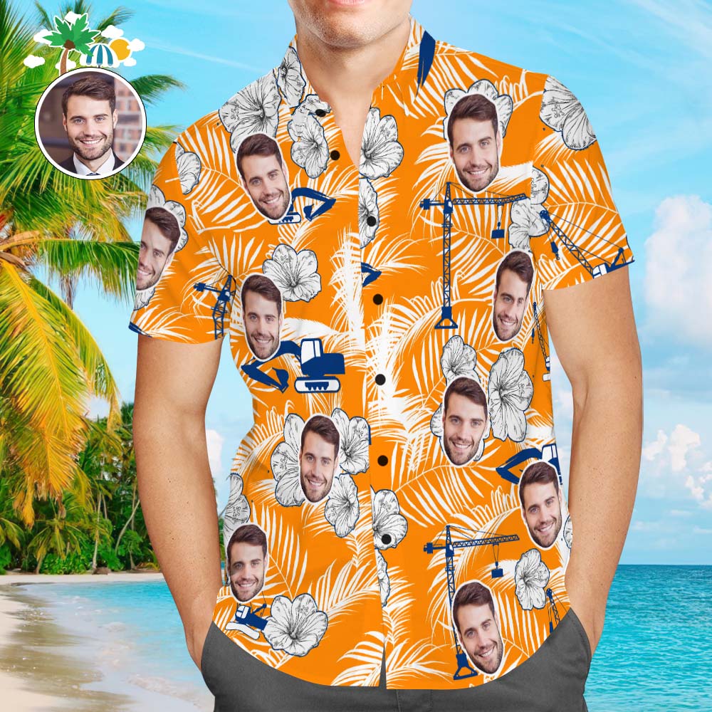 Camisa Hawaiana Con Cara Personalizada, Camisa Popular Con Estampado Integral Para Hombre, Regalo De Vacaciones Con Grúa Excavadora