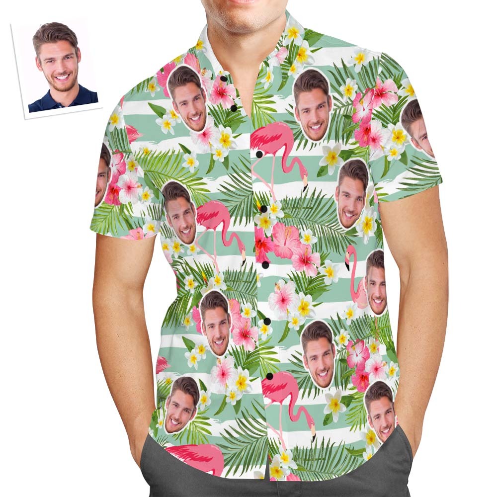 Camisa Hawaiana De Cara Personalizada Camisa De Playa Aloha Personalizada Con Rayas Verdes Y Flamencos Para Hombres