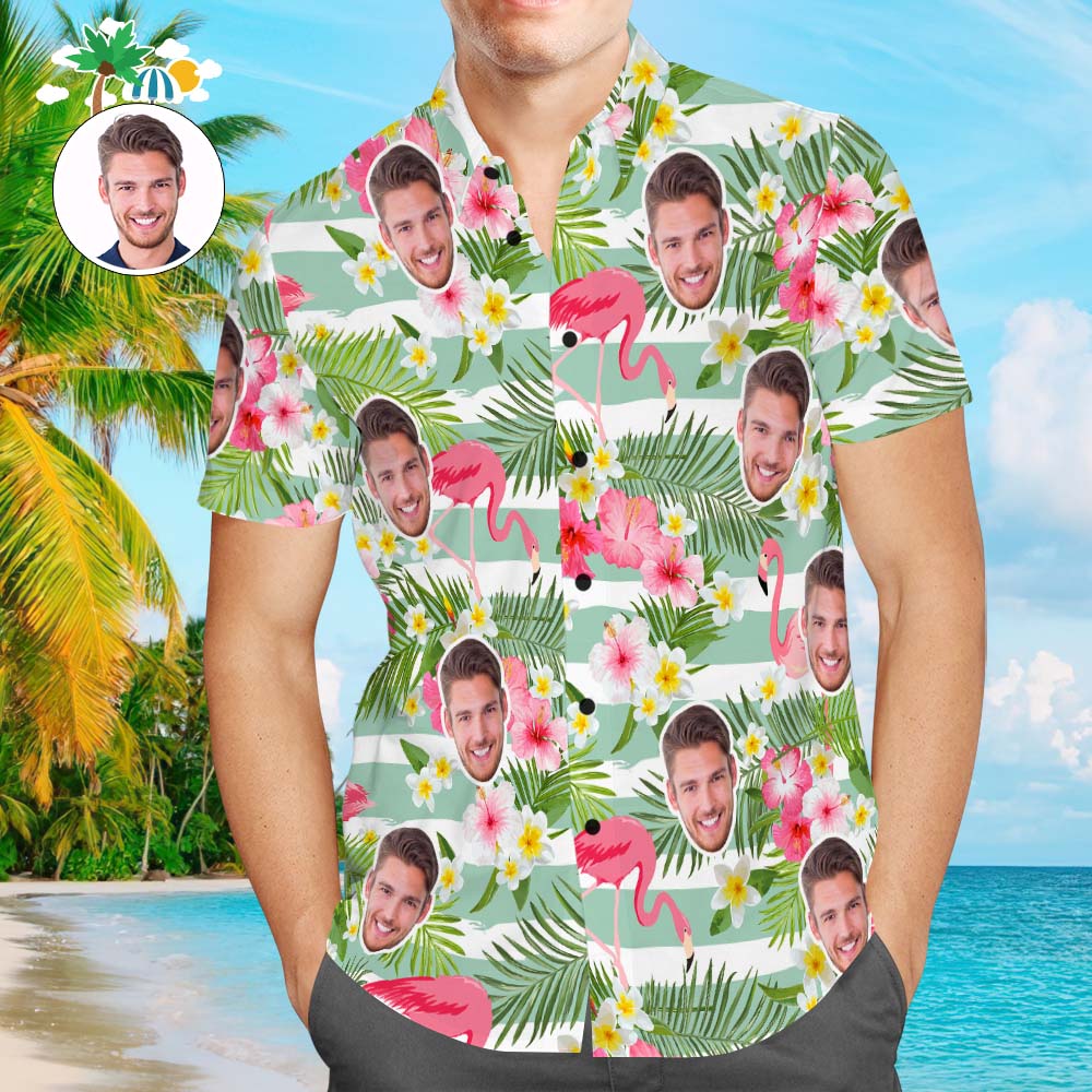 Camisa Hawaiana De Cara Personalizada Camisa De Playa Aloha Personalizada Con Rayas Verdes Y Flamencos Para Hombres