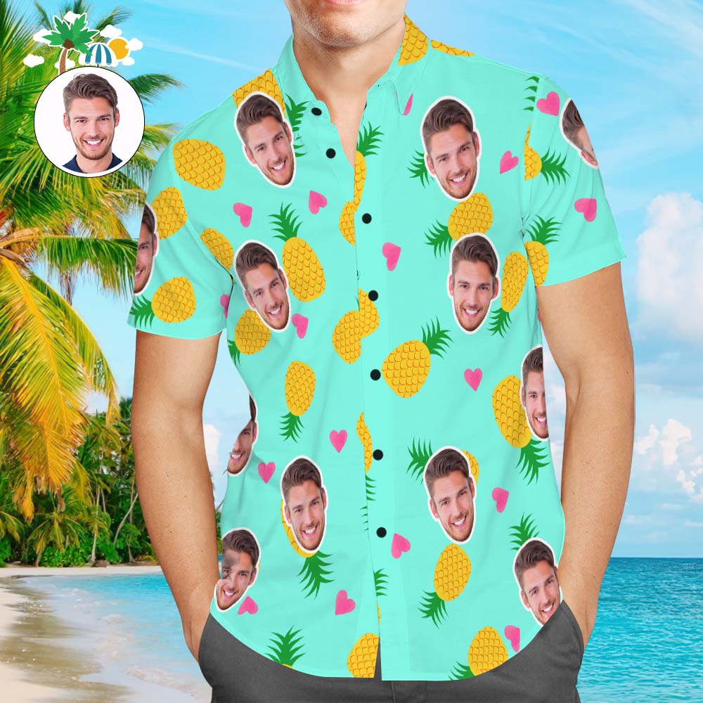 Camisa Hawaiana De Cara Personalizada Piñas Y Corazón Camisa De Playa Aloha Personalizada Para Hombres