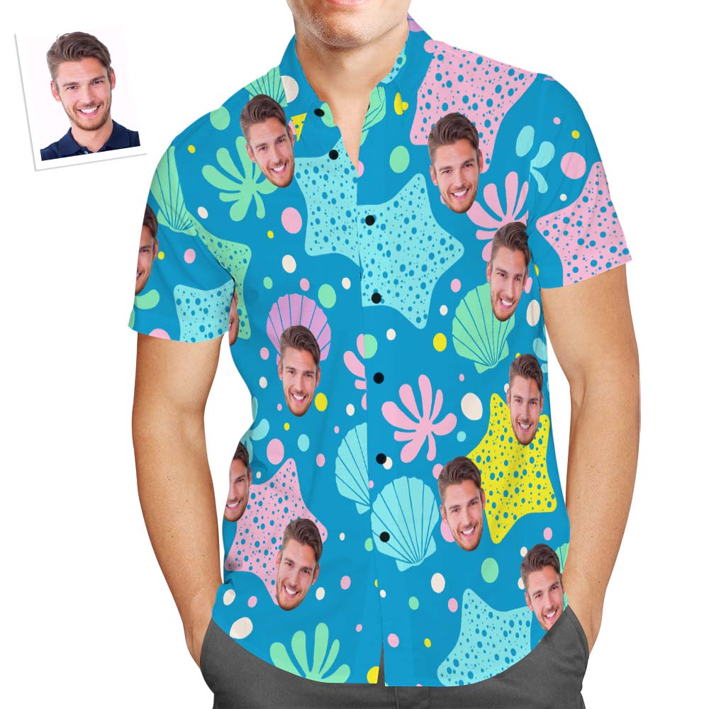 Camisa Hawaiana Con Cara Personalizada, Camisa De Playa Aloha Personalizada Con Mundo Submarino Azul Para Hombres