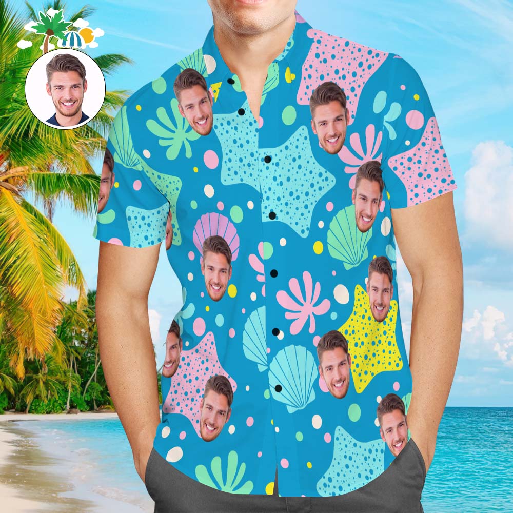 Camisa Hawaiana Con Cara Personalizada, Camisa De Playa Aloha Personalizada Con Mundo Submarino Azul Para Hombres
