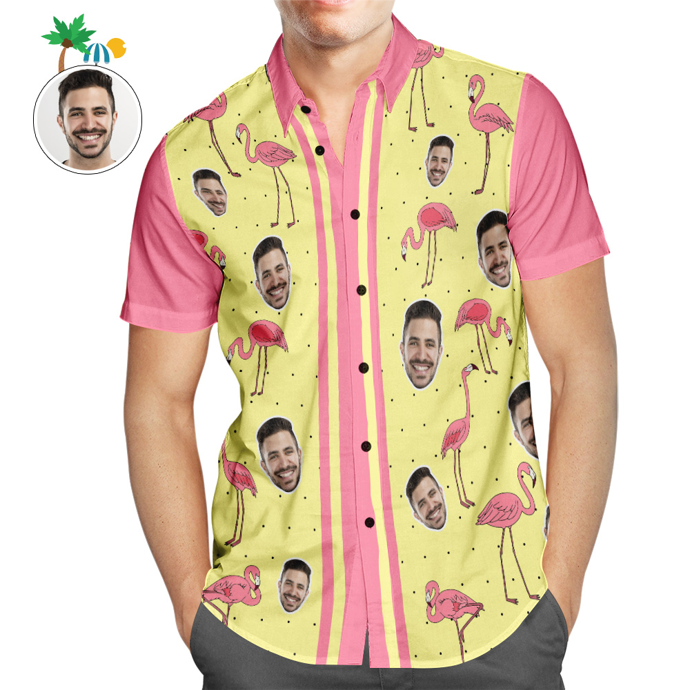 Camisa Hawaiana De Cara Personalizada Flamenco Geométrico Camisa De Playa Aloha Personalizada Para Hombres