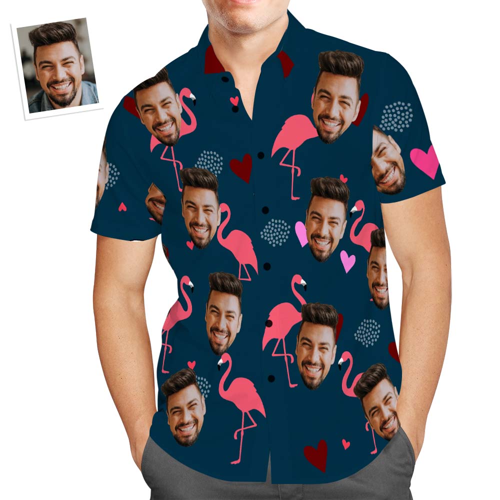 Camisa Hawaiana Aloha Con Estampado Integral Para Hombre, Diseño De Flamenco Y Corazón, Con Cara Personalizada