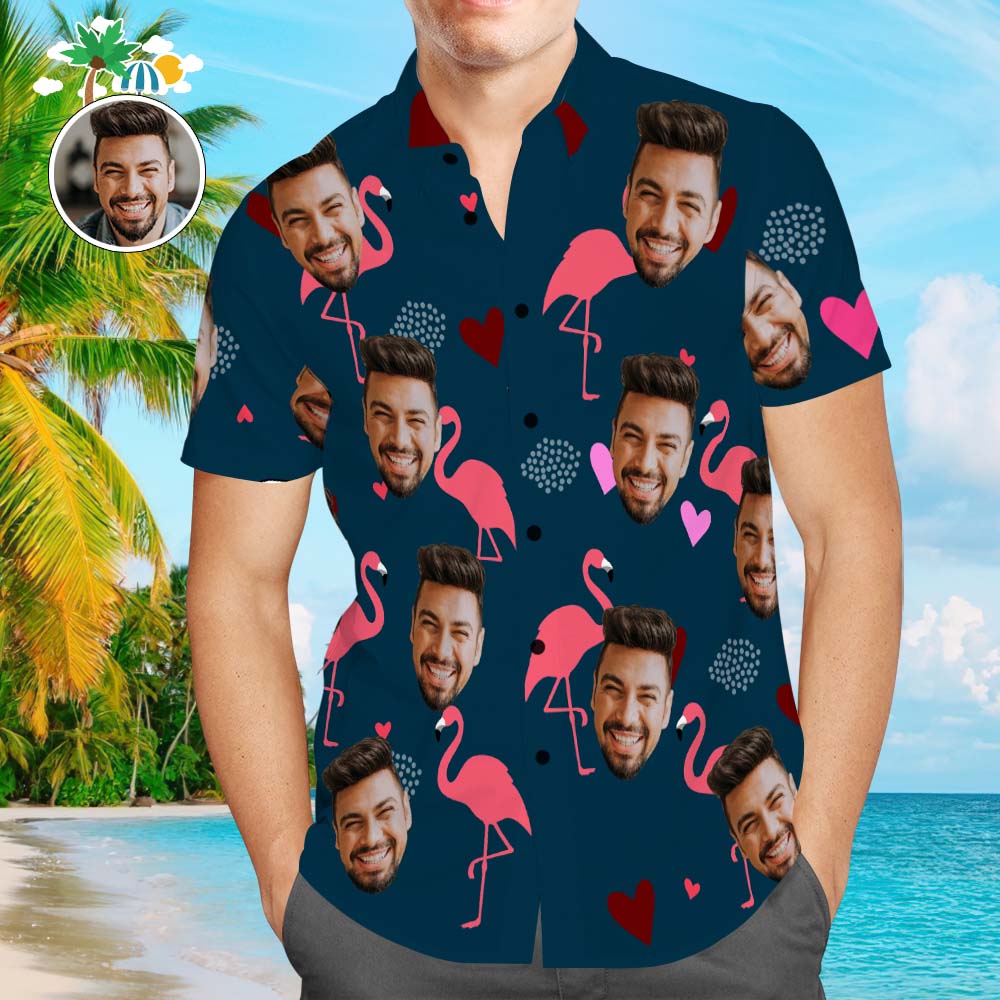 Camisa Hawaiana Aloha Con Estampado Integral Para Hombre, Diseño De Flamenco Y Corazón, Con Cara Personalizada