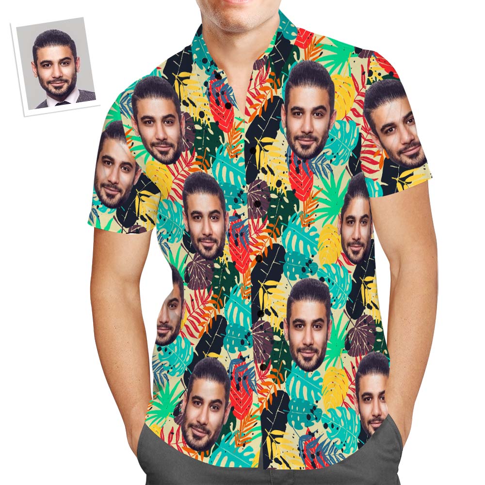 Camisa Hawaiana Aloha Con Estampado Completo Para Hombre Con Cara Personalizada, Hojas Coloridas