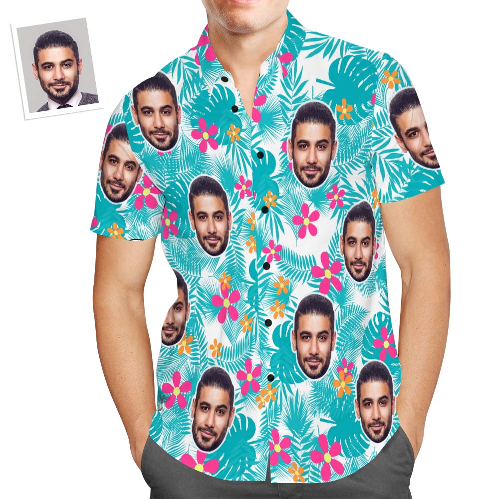Camisa Hawaiana Aloha Con Estampado Completo Para Hombre Con Cara Personalizada, Lindas Flores Y Hojas
