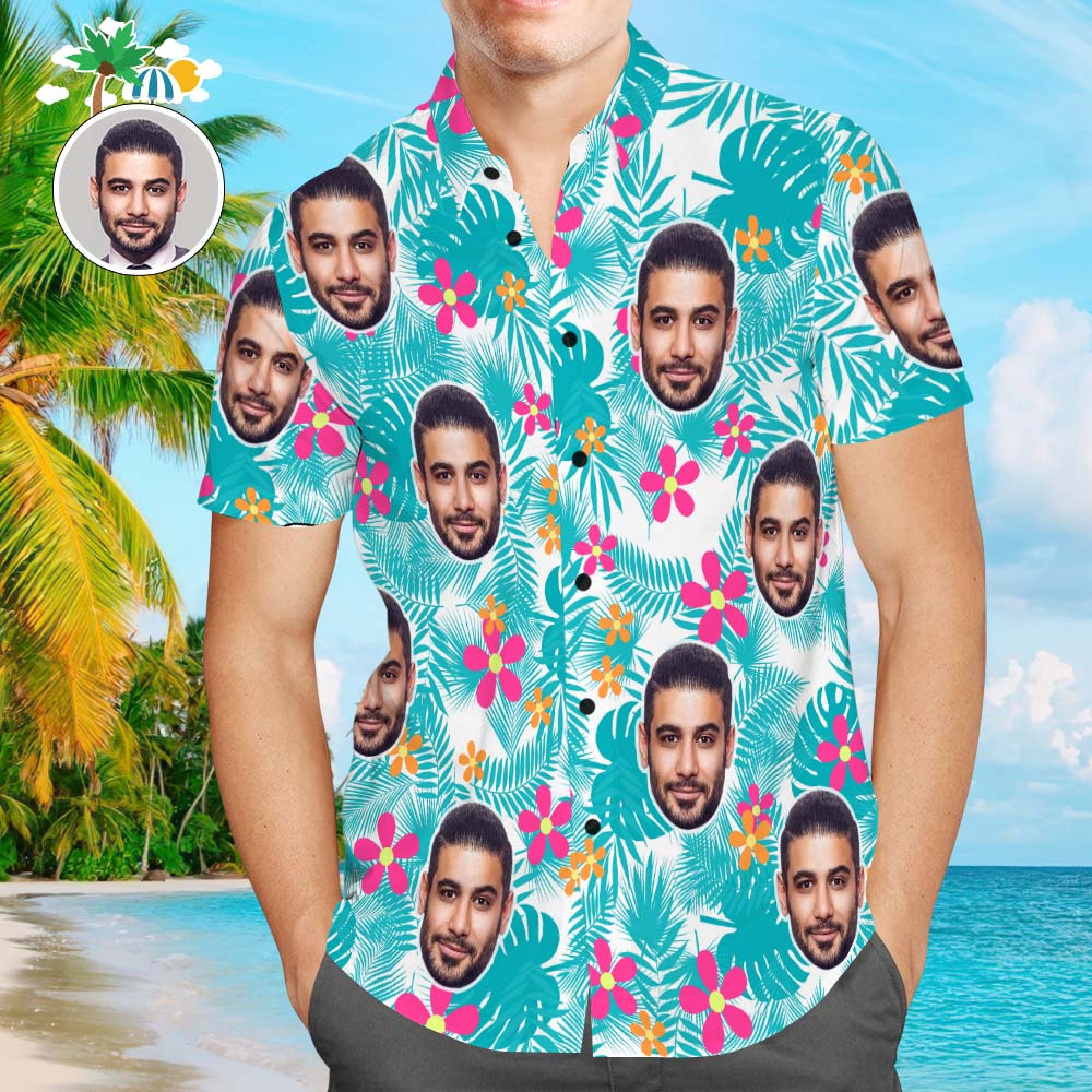 Camisa Hawaiana Aloha Con Estampado Completo Para Hombre Con Cara Personalizada, Lindas Flores Y Hojas