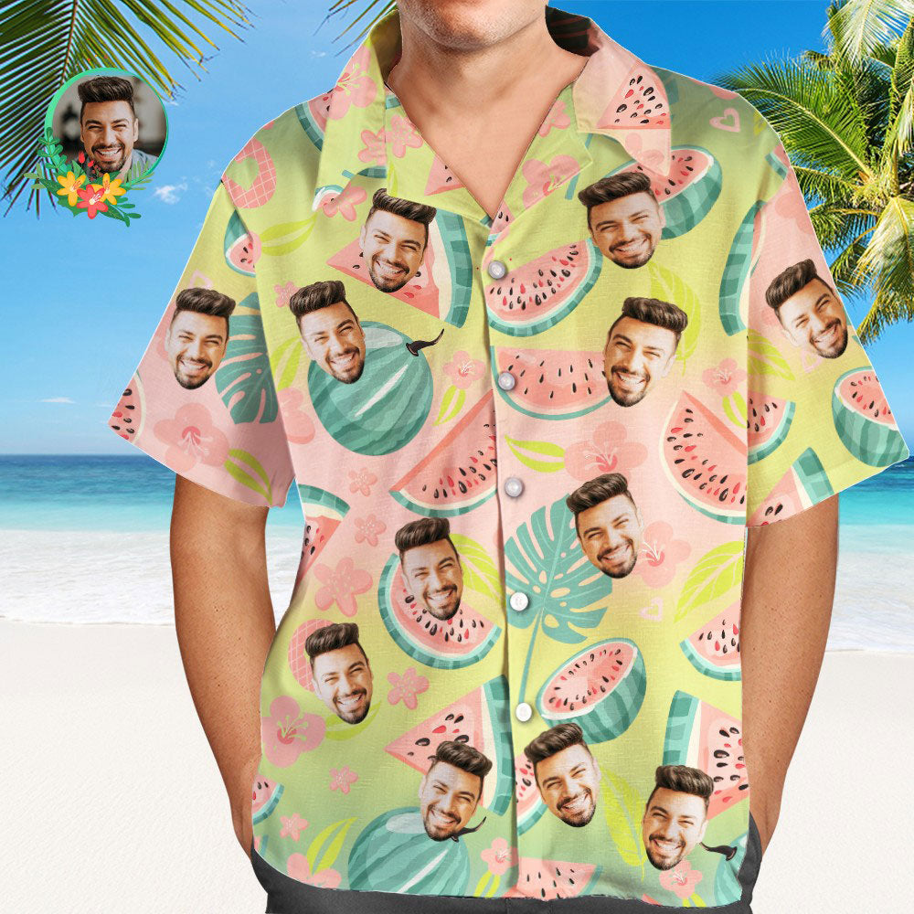 Camisa Hawaiana Aloha Con Estampado Integral Para Hombre Con Cara Personalizada, Sandías Y Verano