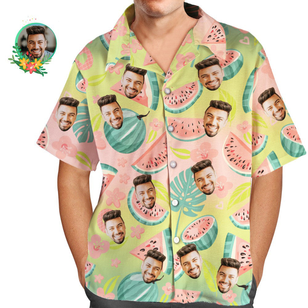 Camisa Hawaiana Aloha Con Estampado Integral Para Hombre Con Cara Personalizada, Sandías Y Verano