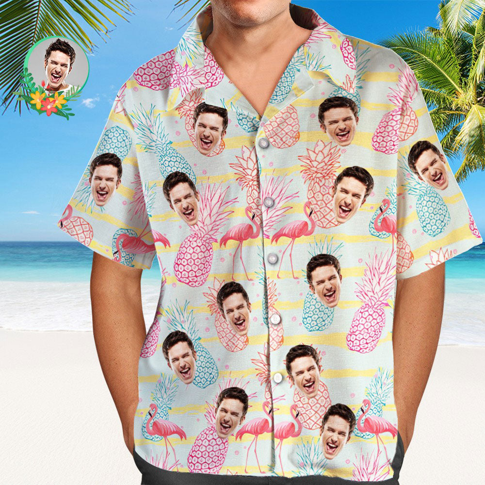 Camisa Hawaiana Con Cara Personalizada, Camisa Aloha Con Estampado Completo De Flamenco Y Piña Para Hombre