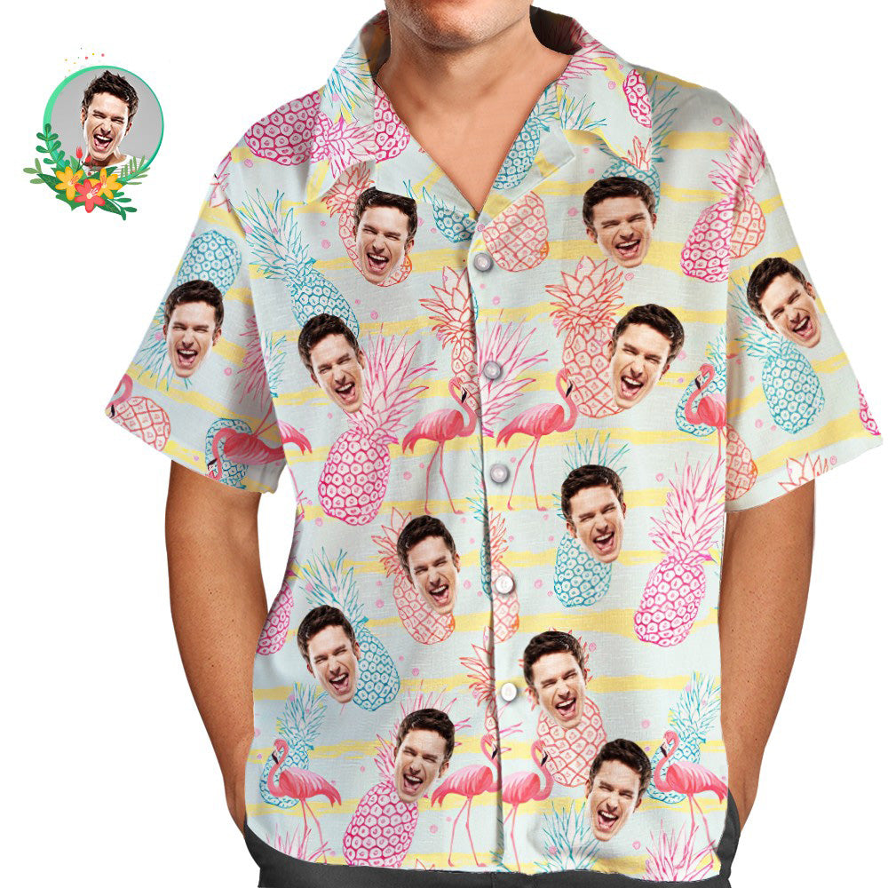 Camisa Hawaiana Con Cara Personalizada, Camisa Aloha Con Estampado Completo De Flamenco Y Piña Para Hombre