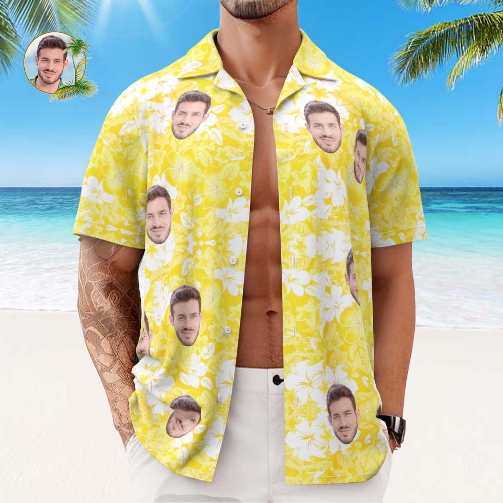 Camisa Hawaiana Con Cara Personalizada, Camisa Aloha Con Estampado Integral Para Hombre, Regalo - Amarillo