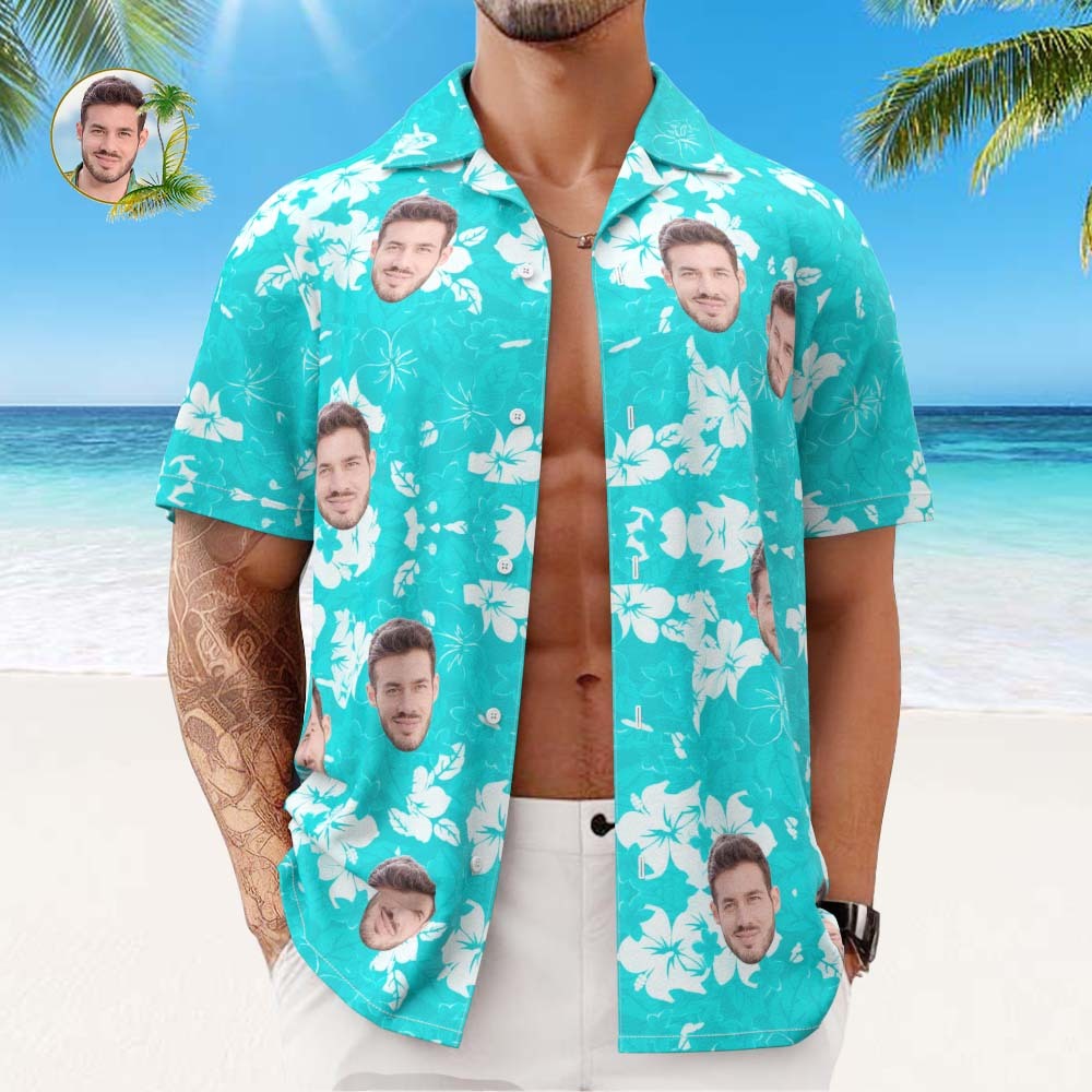 Camisa Hawaiana Con Cara Personalizada, Camisa Aloha Con Estampado Integral Para Hombre, Regalo - Azul