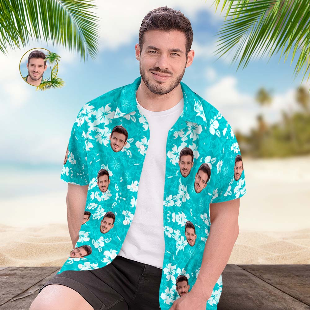 Camisa Hawaiana Con Cara Personalizada, Camisa Aloha Con Estampado Integral Para Hombre, Regalo - Azul