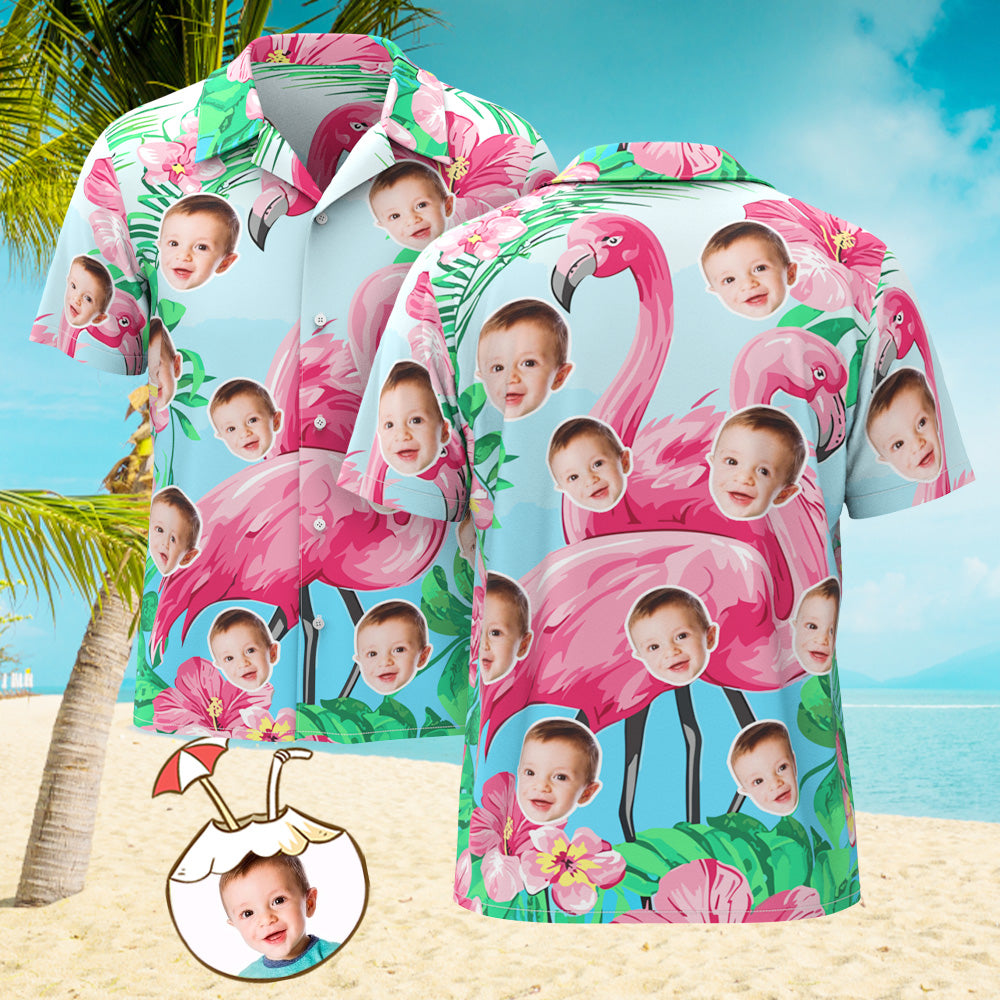 Camisa Hawaiana Con Estampado De Cara Personalizada, Camisa Hawaiana De Verano Con Flamenco Para Hombres