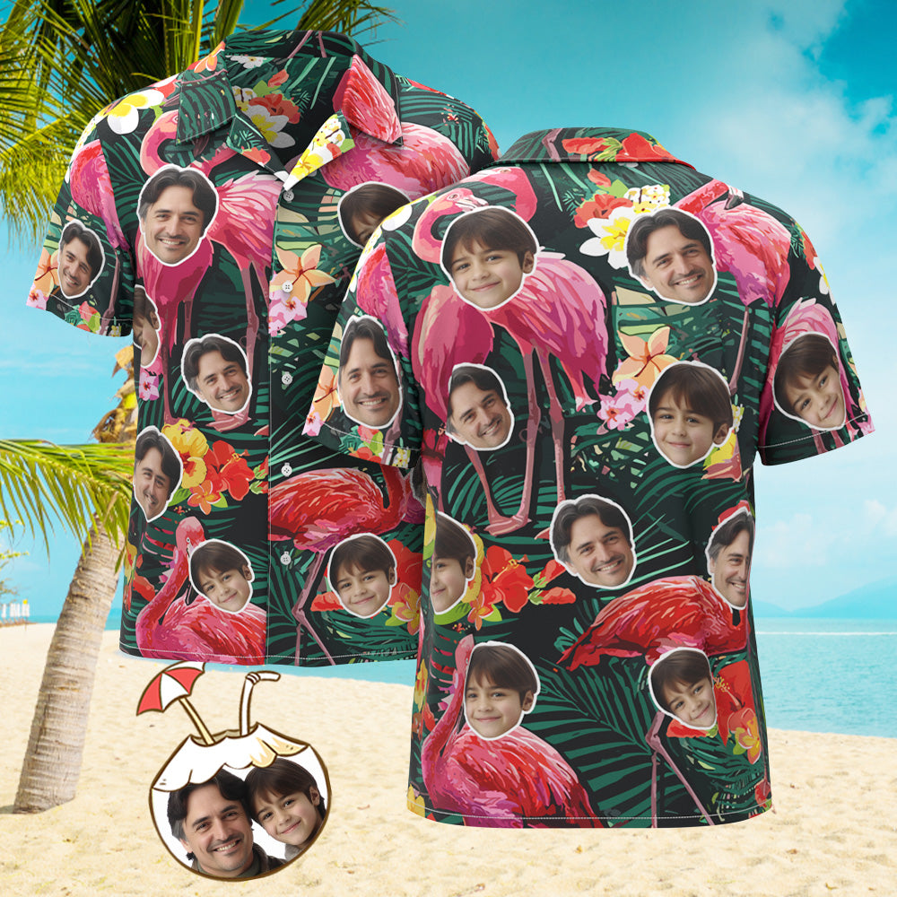 Camisa Hawaiana Con Estampado De Cara Personalizada, Camisa Para Hombre Con Flamenco De Dibujos Animados, Fiesta En La Playa