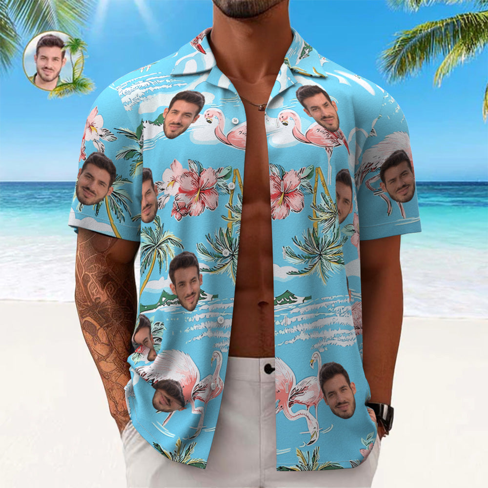 Camisa Hawaiana Con Cara Personalizada, Camisa Aloha Con Estampado Integral Para Hombre, Regalo: Flamencos Rosados Y Flores