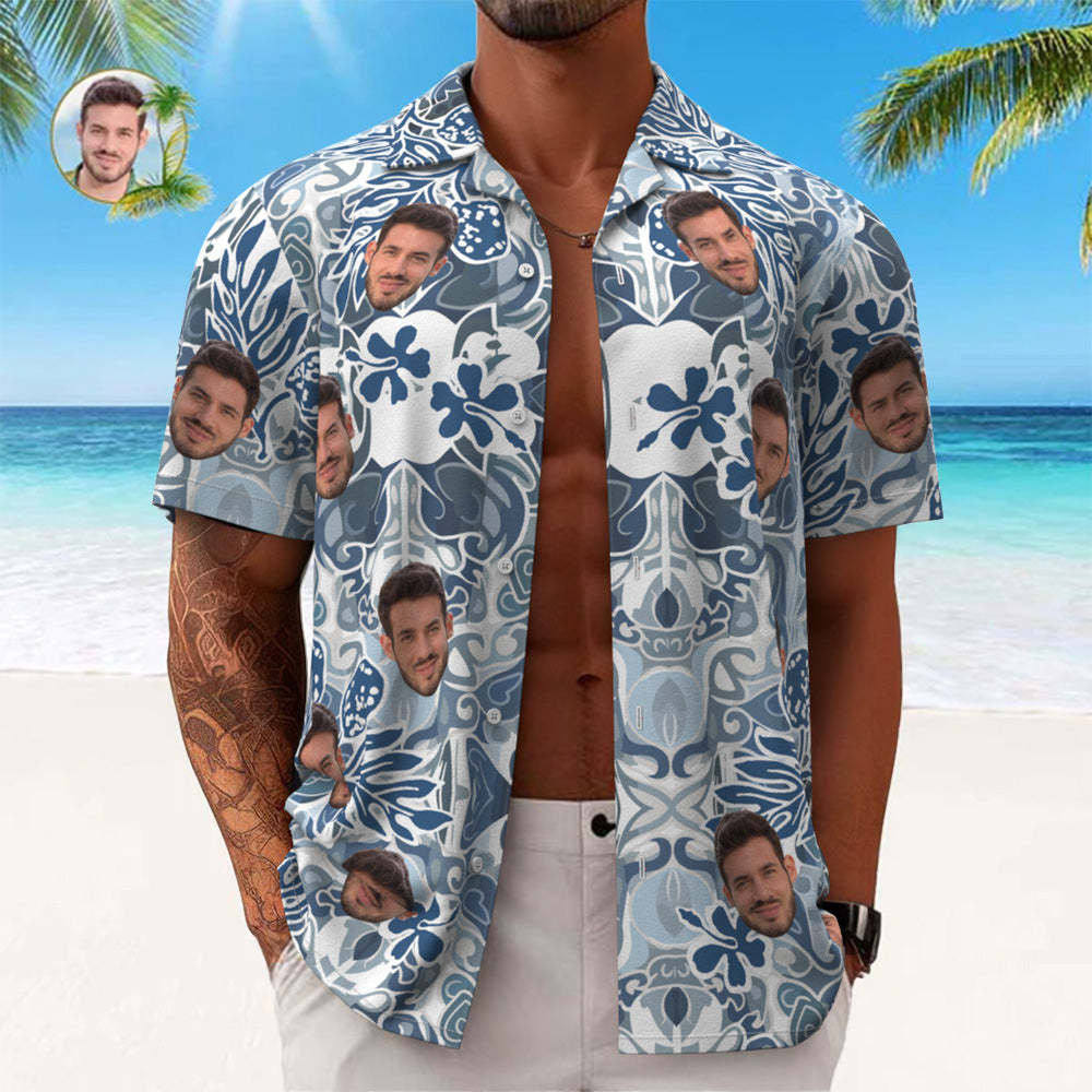 Camisa Hawaiana Con Cara Personalizada, Camisa Aloha Con Estampado Integral Para Hombre, Regalo - Patrón Vintage Azul