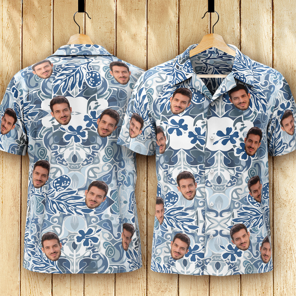 Camisa Hawaiana Con Cara Personalizada, Camisa Aloha Con Estampado Integral Para Hombre, Regalo - Patrón Vintage Azul