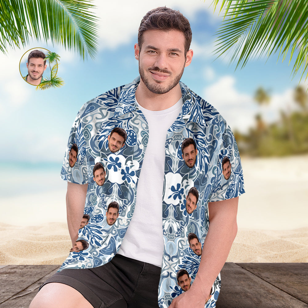 Camisa Hawaiana Con Cara Personalizada, Camisa Aloha Con Estampado Integral Para Hombre, Regalo - Patrón Vintage Azul