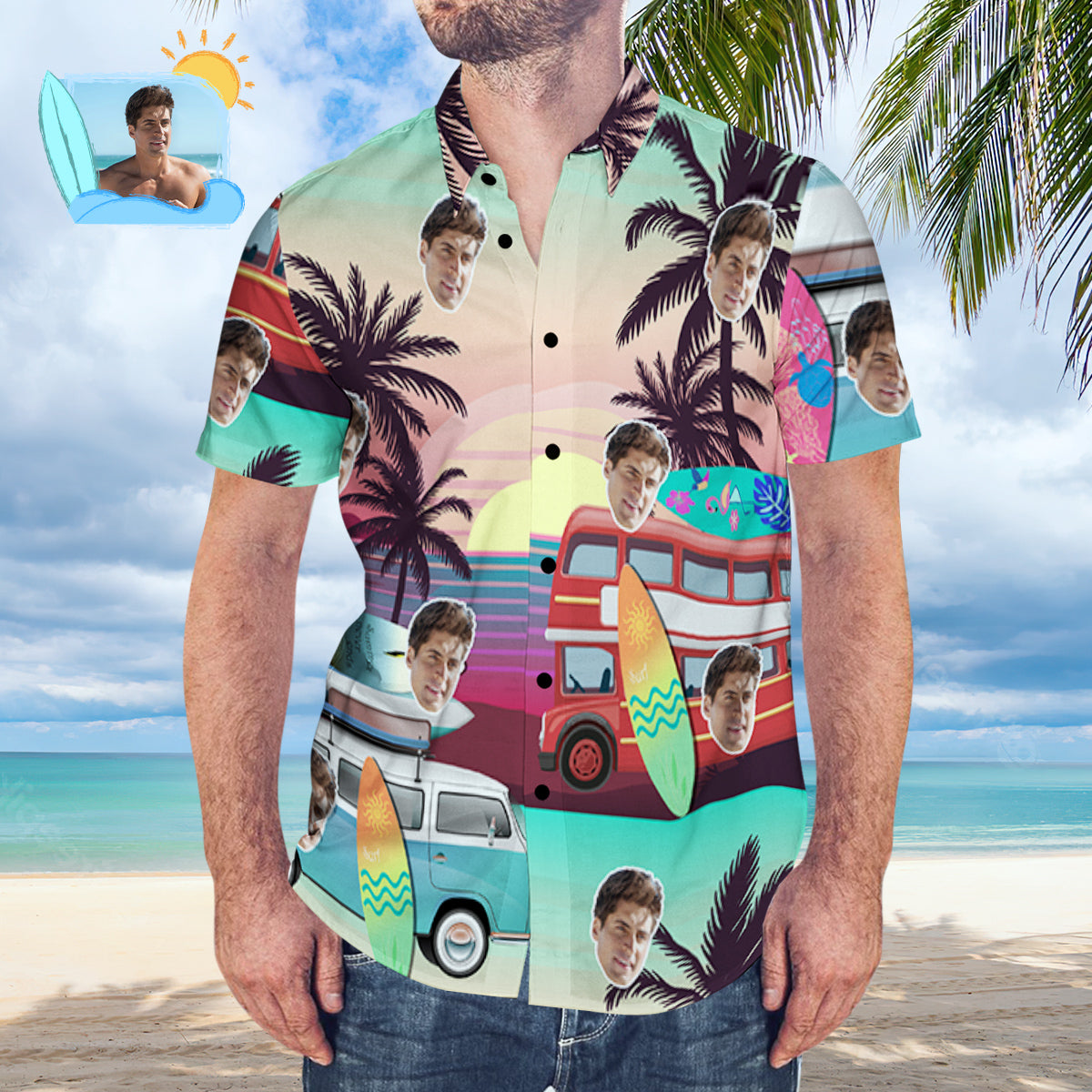 Custom Face Camisa Hawaiana De Manga Corta Con Estampado De Árbol De Coco Para Hombre