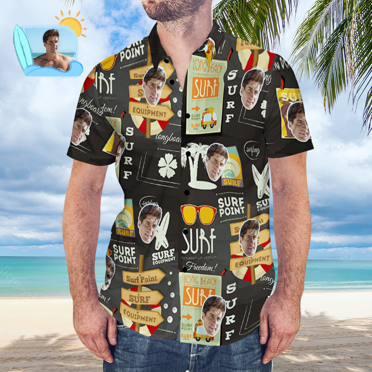 Camisa Hawaiana De Cara Personalizada Estilo De Surf Personalizado Camisa De Playa Aloha Negra Regalo Para Surfista Surf Estilo Hawaiano Surf Estilo Hawaiano