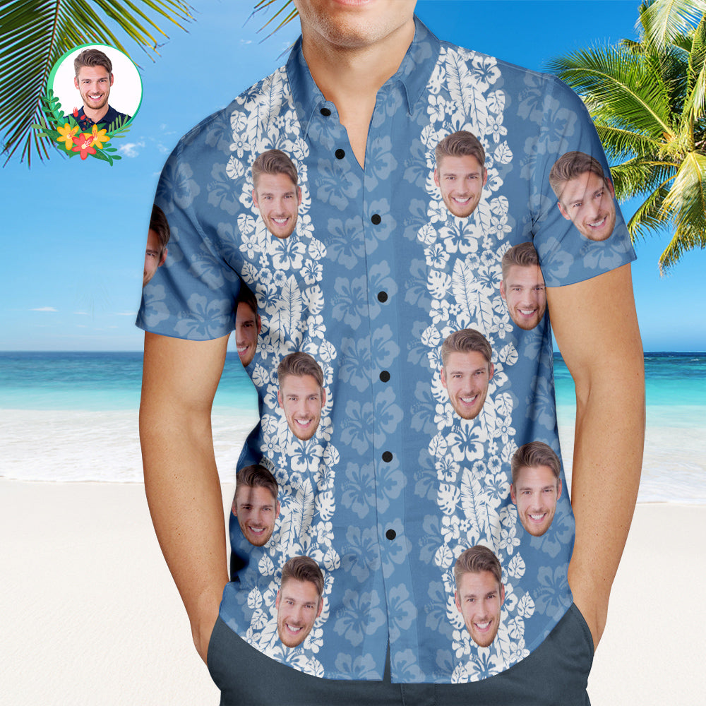 Camisa Hawaiana De Hombre Con Patrón De Hibisco Azul De Cara Personalizada, Camisa De Playa Aloha, Regalo Para Él