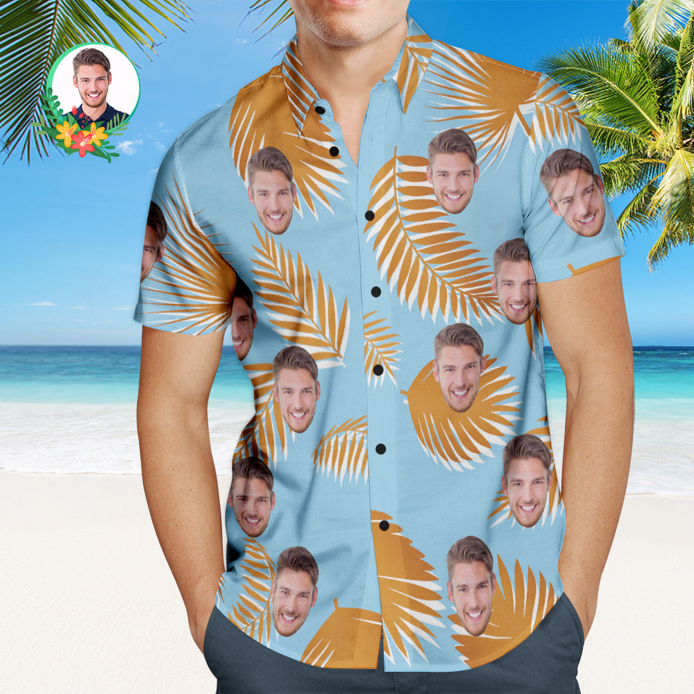 Camisa Hawaiana Vintage Para Hombre Con Cara Personalizada, Camisa De Playa Aloha Con Hojas, Regalo Para Él