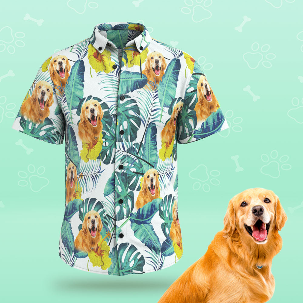Camisas Hawaianas Personalizadas Para Hombres Con Cara De Perro Linda Personalizada Para Amantes De Las Mascotas - Hojas Verdes