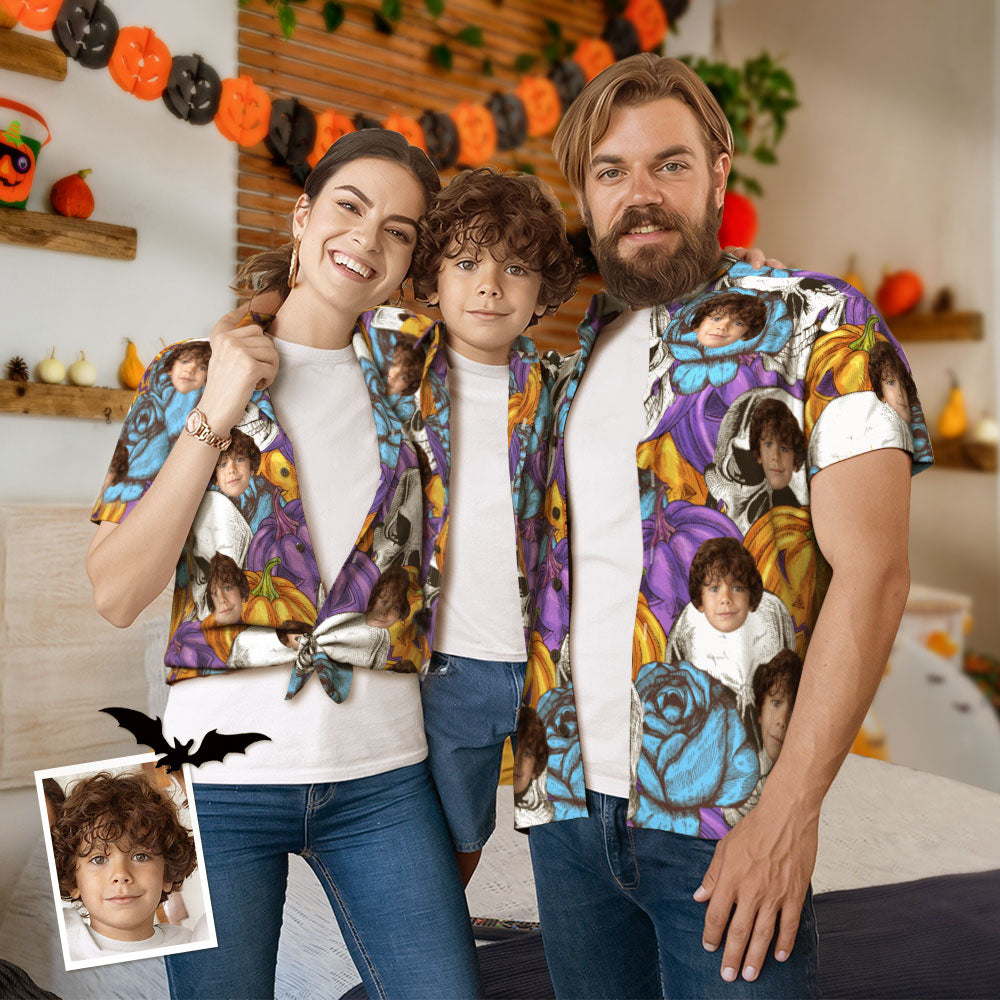 Traje Hawaiano A Juego Familiar Con Estampado De Calabaza Y Calavera Divertido Con Cara Personalizada