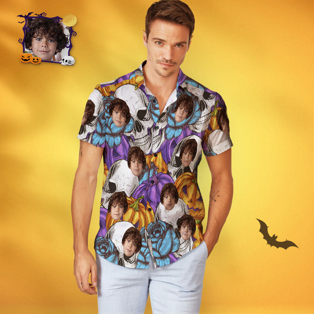 Camisa Hawaiana De Halloween Personalizada Con Estampado Divertido De Calabaza Y Calavera Con Cara Personalizada Para Hombre